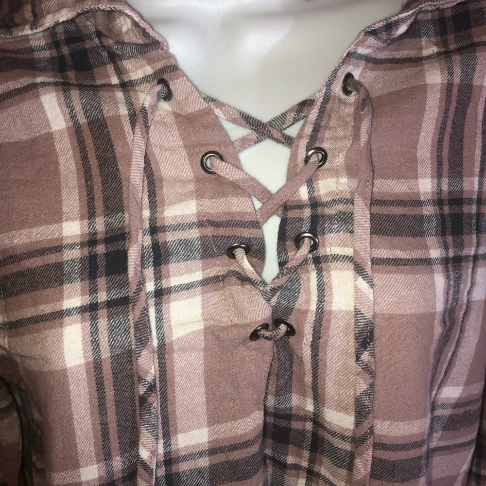 Rue 21 Long Sleeve Tie-Front Plaid Hoodie Top - Picture 3 of 10